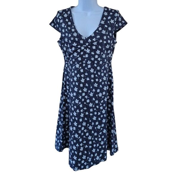 Toad&Co Womens Navy Floral short sleeve V-Neck Dress Organic Cotton fairycore - Picture 1 of 9